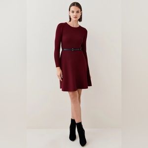 NWT Karen Millen Crew Neck Knitted Skater Mini Dress in Berry